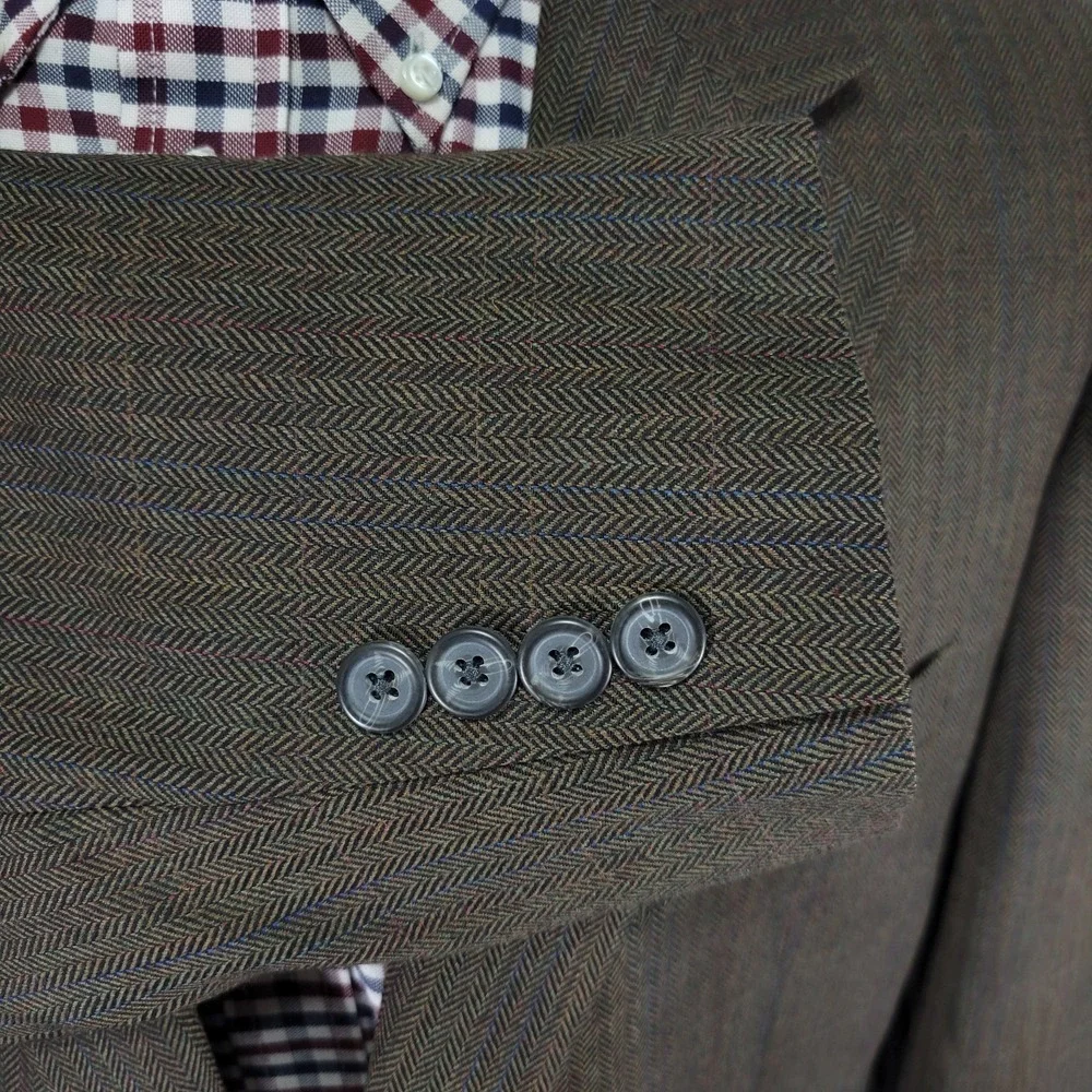 Izod Men's Sport‎ Coat Blazer Two Button Brown Herringbone Plaid Wool Size 44R